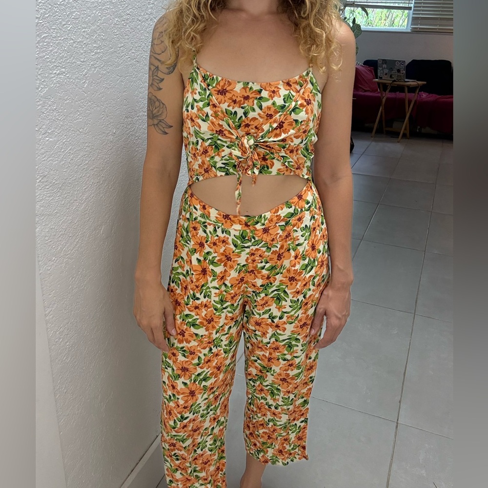 Derek Heart Orange and Green Floral Jumpsuit